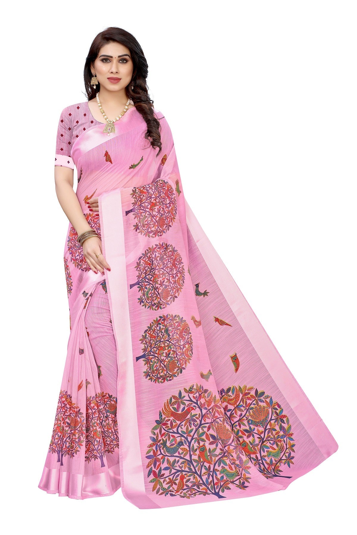Vamika Linen Satin Border Pink Bollywood Style Saree | Grocsy