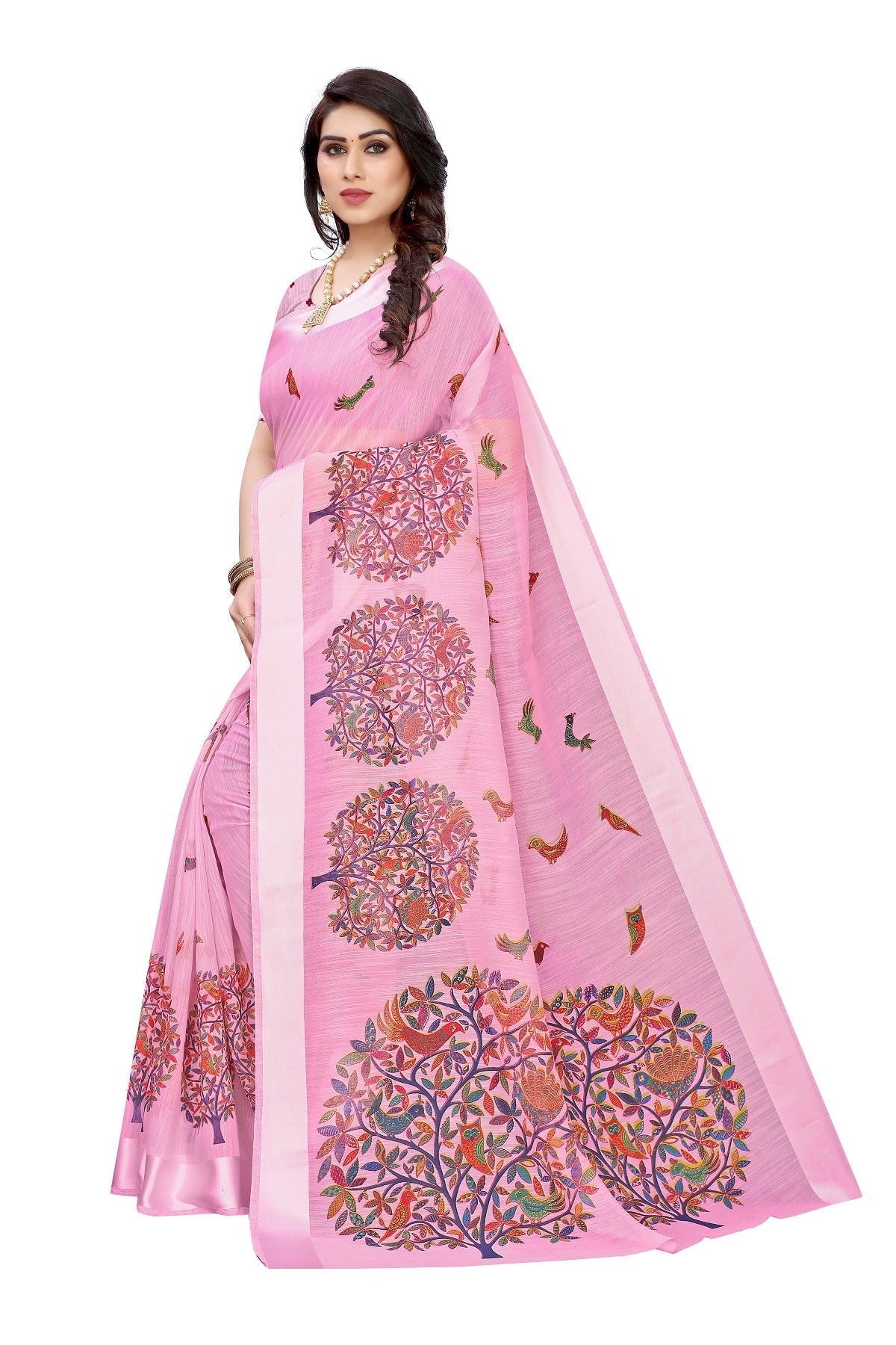 Vamika Linen Satin Border Pink Bollywood Style Saree | Grocsy