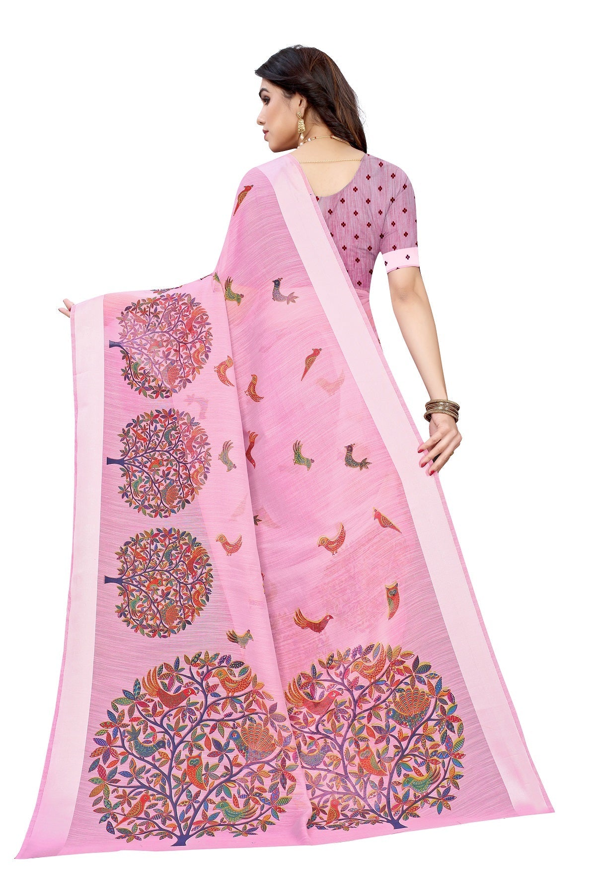Vamika Linen Satin Border Pink Bollywood Style Saree | Grocsy