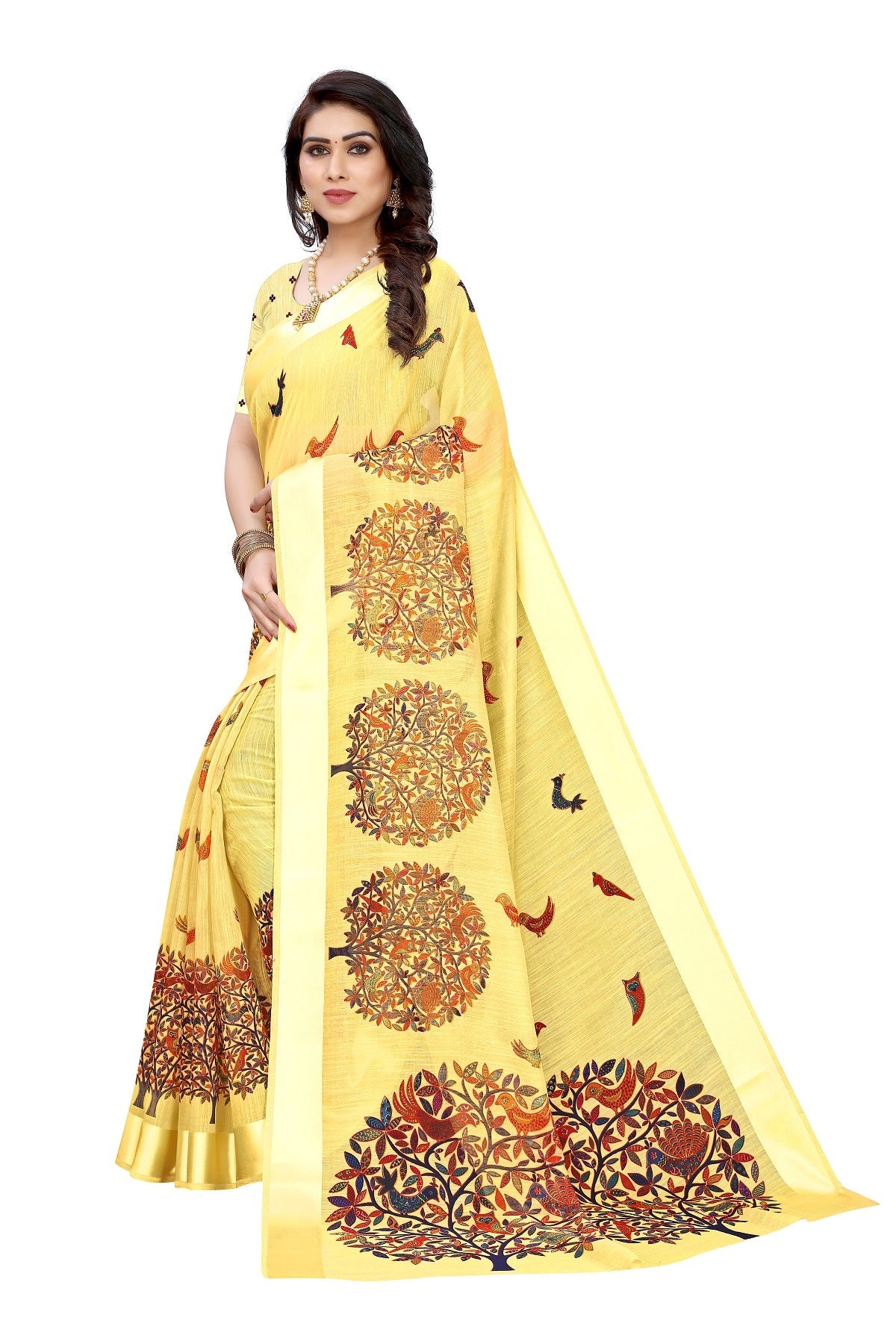 Vamika Linen Satin Border Yellow Bollywood Style Saree | Grocsy
