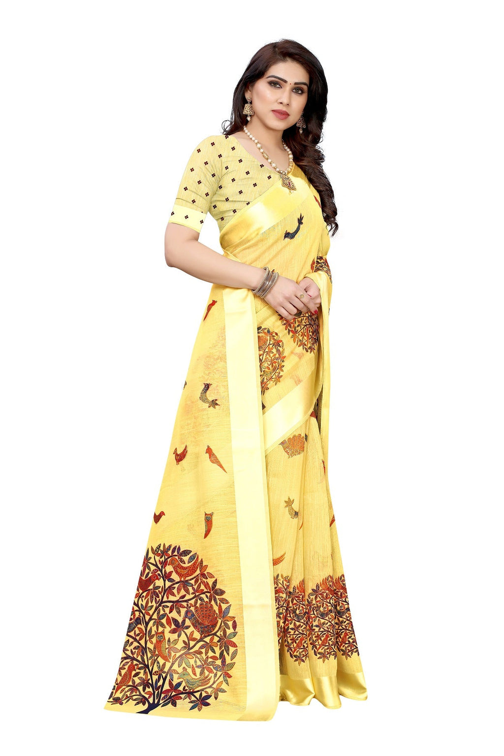 Vamika Linen Satin Border Yellow Bollywood Style Saree | Grocsy