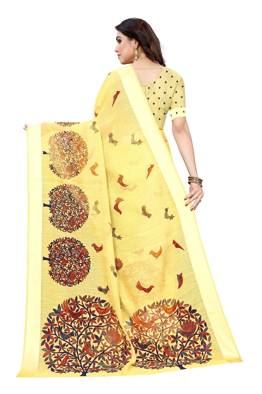 Vamika Linen Satin Border Yellow Bollywood Style Saree | Grocsy
