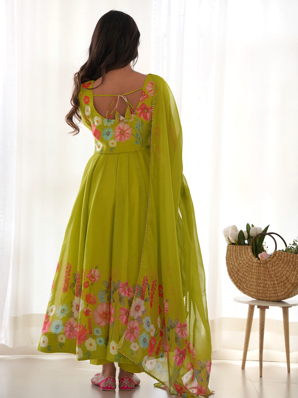 Evanik Parrot Soft Organza Silk With Floral Print Fully Flared Anarkali Pant With Dupatta Set | Grocsy
