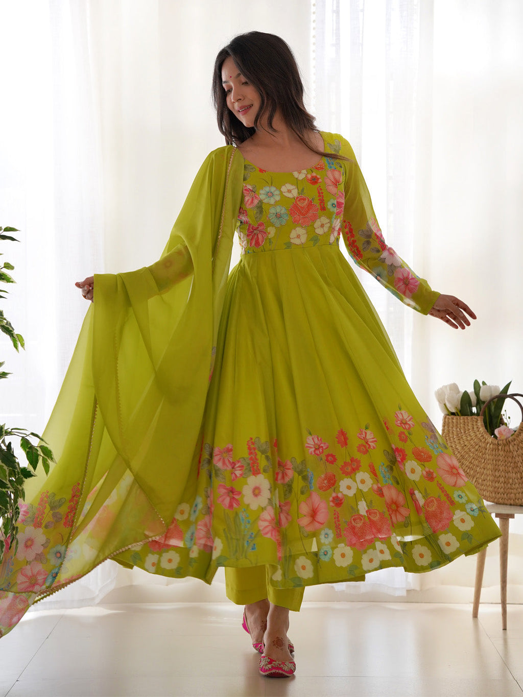 Evanik Parrot Soft Organza Silk With Floral Print Fully Flared Anarkali Pant With Dupatta Set | Grocsy