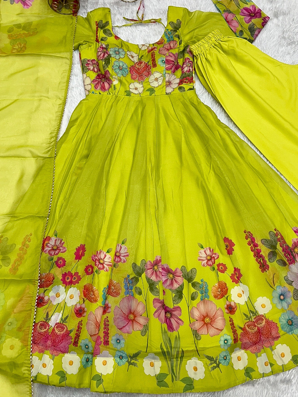 Evanik Parrot Soft Organza Silk With Floral Print Fully Flared Anarkali Pant With Dupatta Set | Grocsy