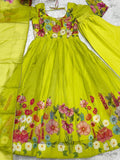 Evanik Parrot Soft Organza Silk With Floral Print Fully Flared Anarkali Pant With Dupatta Set | Grocsy