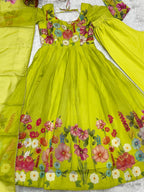 Evanik Parrot Soft Organza Silk With Floral Print Fully Flared Anarkali Pant With Dupatta Set | Grocsy