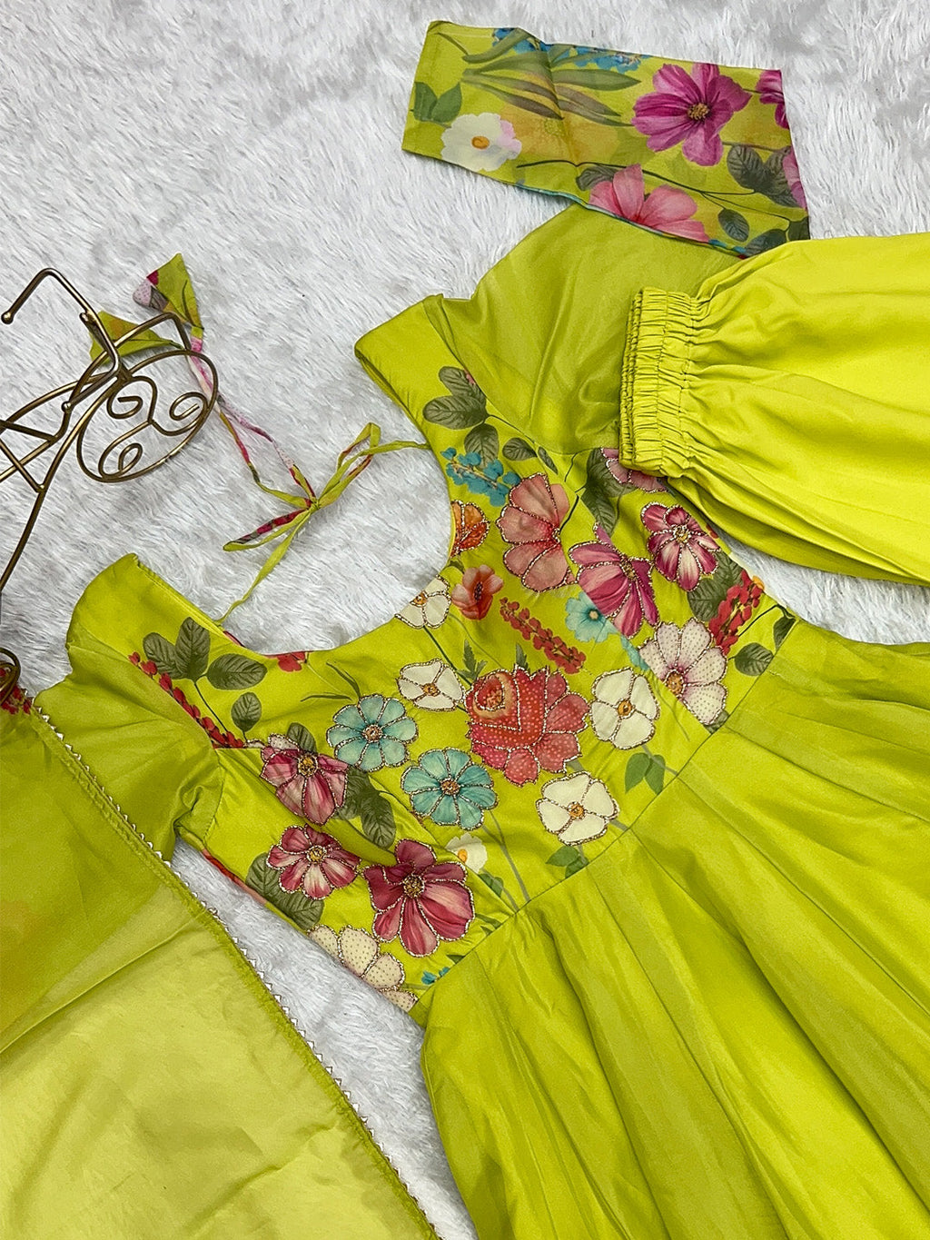 Evanik Parrot Soft Organza Silk With Floral Print Fully Flared Anarkali Pant With Dupatta Set | Grocsy