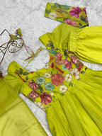 Evanik Parrot Soft Organza Silk With Floral Print Fully Flared Anarkali Pant With Dupatta Set | Grocsy