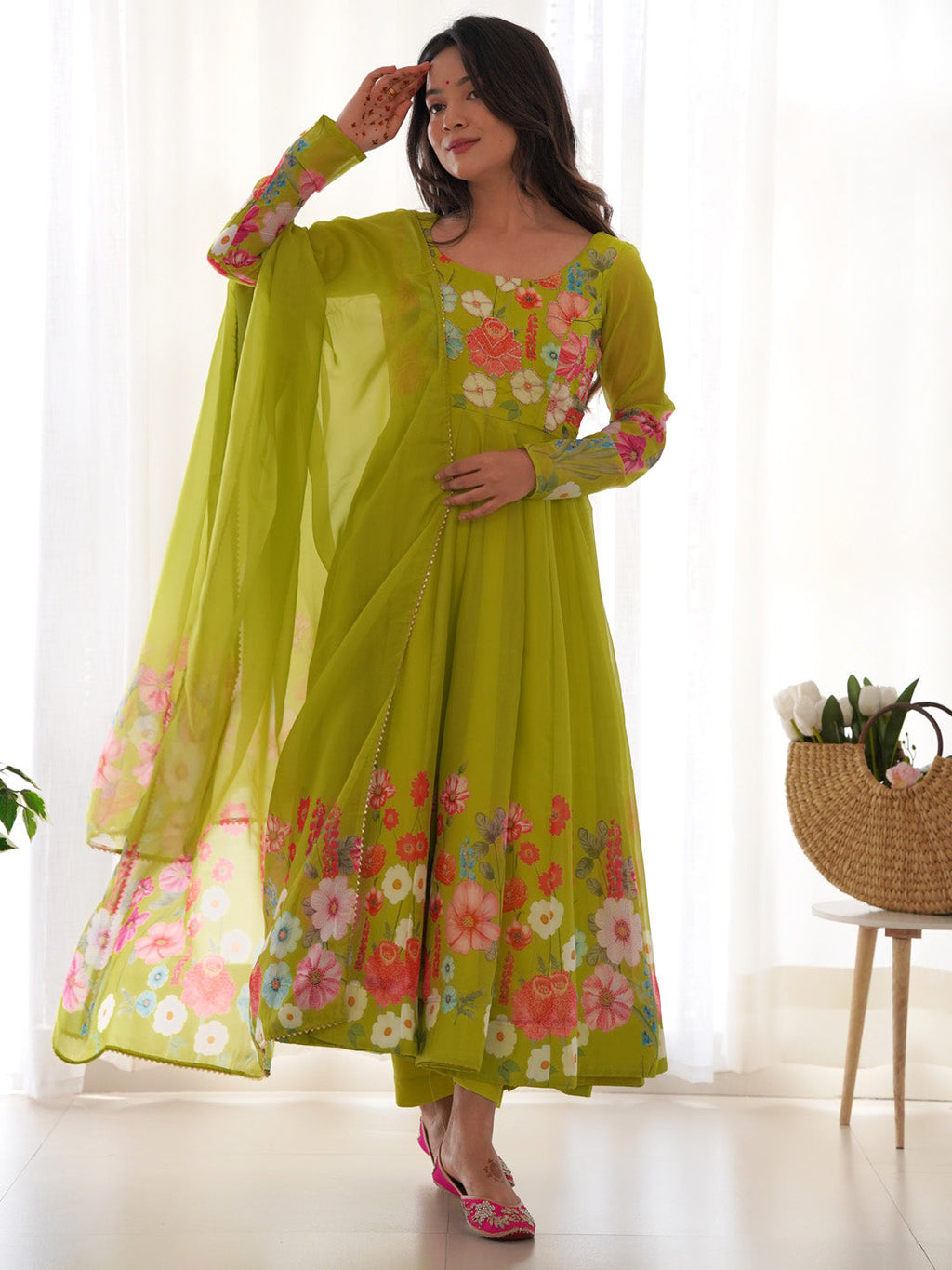 Evanik Parrot Soft Organza Silk With Floral Print Fully Flared Anarkali Pant With Dupatta Set | Grocsy