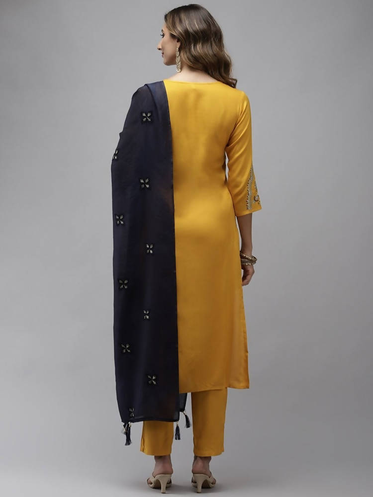 Yufta Women Yellow Floral Embroidered Regular Kurta with Palazzo & With Dupatta | Grocsy