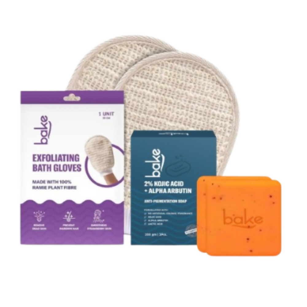 Bake Tan Removal Exfoliating Bath Kit - 100% Ramie Plant Fibre Gloves + Kojic Acid Soap (2 Pcs) with Scrub Treatment | Grocsy