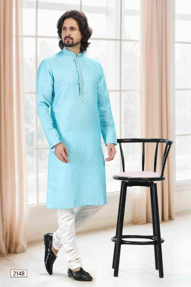 Raivat Ethnic Cotton Thread Work Kurta Pajama In Sky Blue Colour | Grocsy