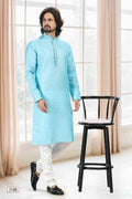 Raivat Ethnic Cotton Thread Work Kurta Pajama In Sky Blue Colour | Grocsy