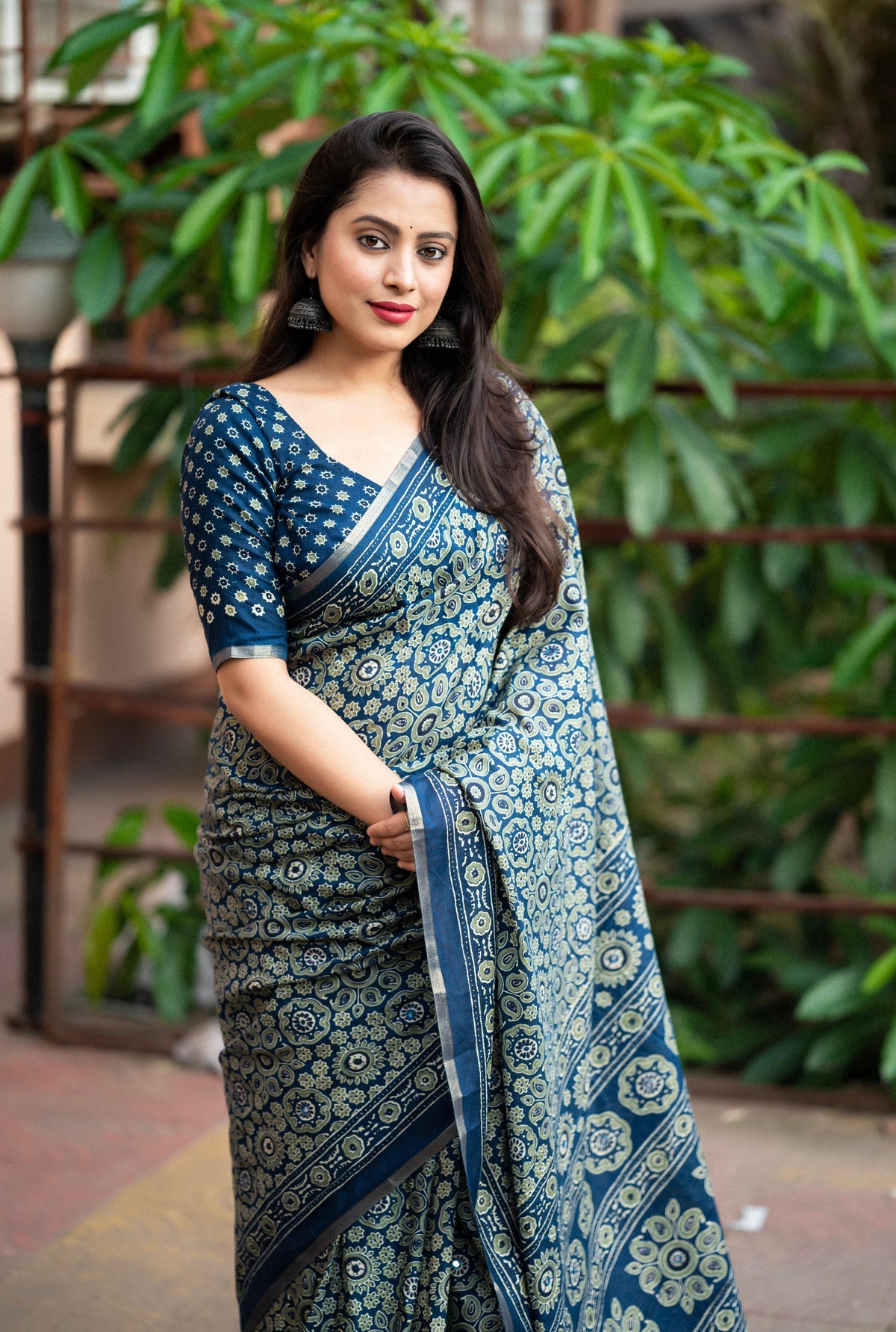 Blue Cotton Blend Ajrak Saree with Unstitched Blouse - A2M | Grocsy