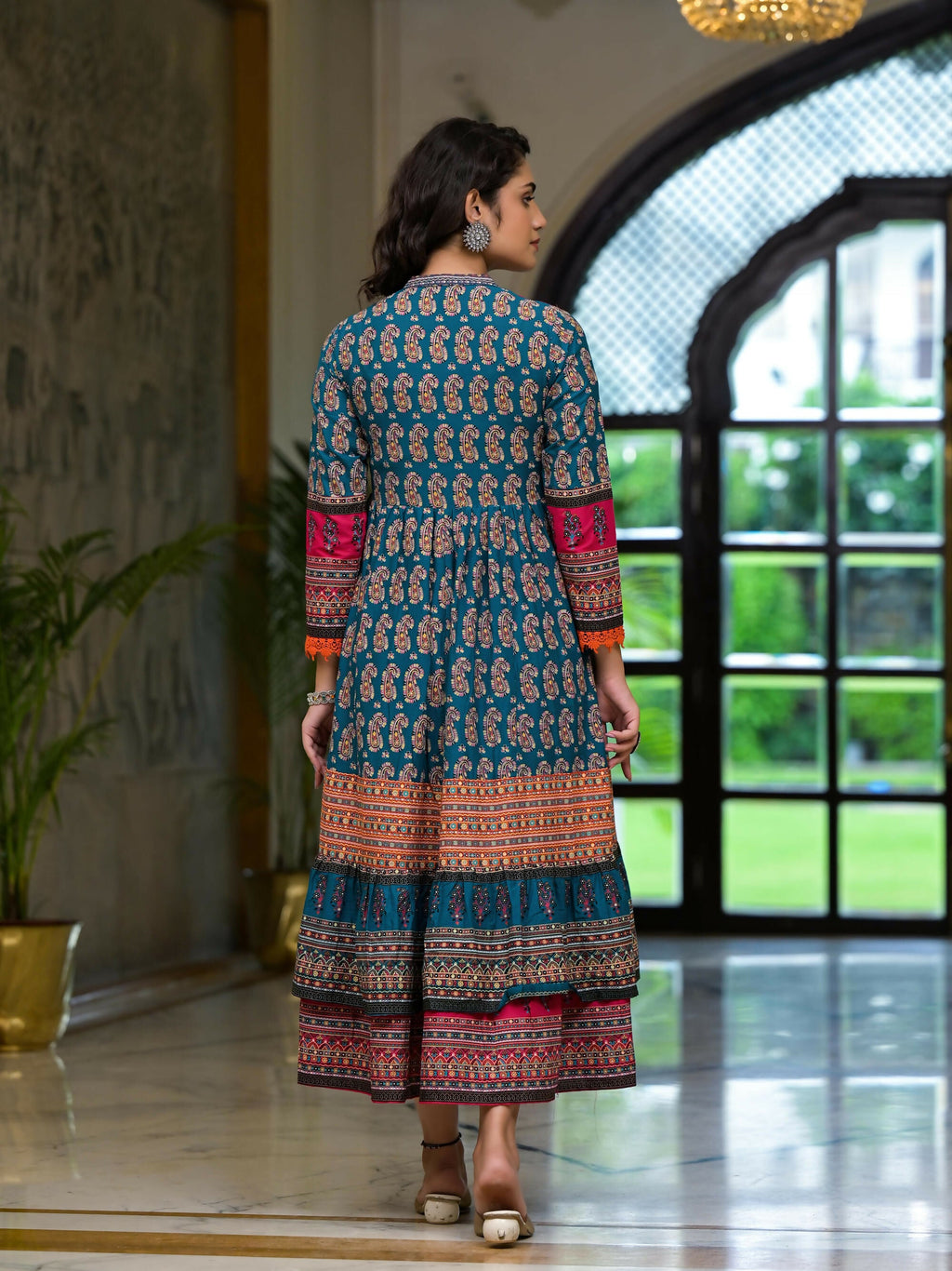 Juniper Women's Teal Ethnic Motif Printed Cotton Dress With Coins Thread & Mirror Work | Grocsy