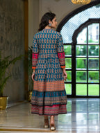Juniper Women's Teal Ethnic Motif Printed Cotton Dress With Coins Thread & Mirror Work | Grocsy