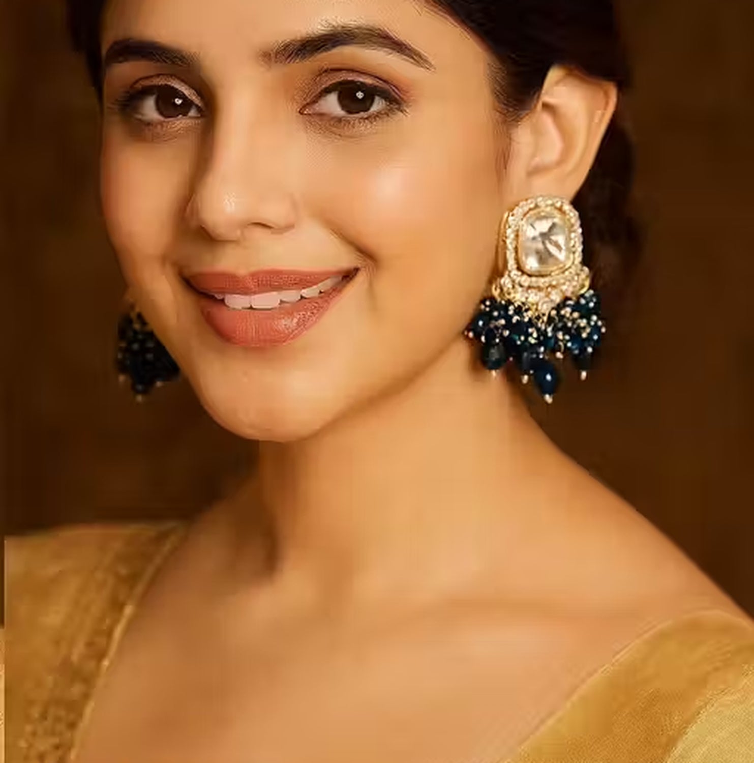 Jewel City Traditional Gold-Plated Kundan Earrings with Blue Beads – Handcrafted Ethnic Dangler Jewelry – Wedding & Party Wear | Grocsy