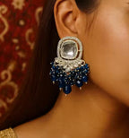Jewel City Traditional Gold-Plated Kundan Earrings with Blue Beads – Handcrafted Ethnic Dangler Jewelry – Wedding & Party Wear | Grocsy