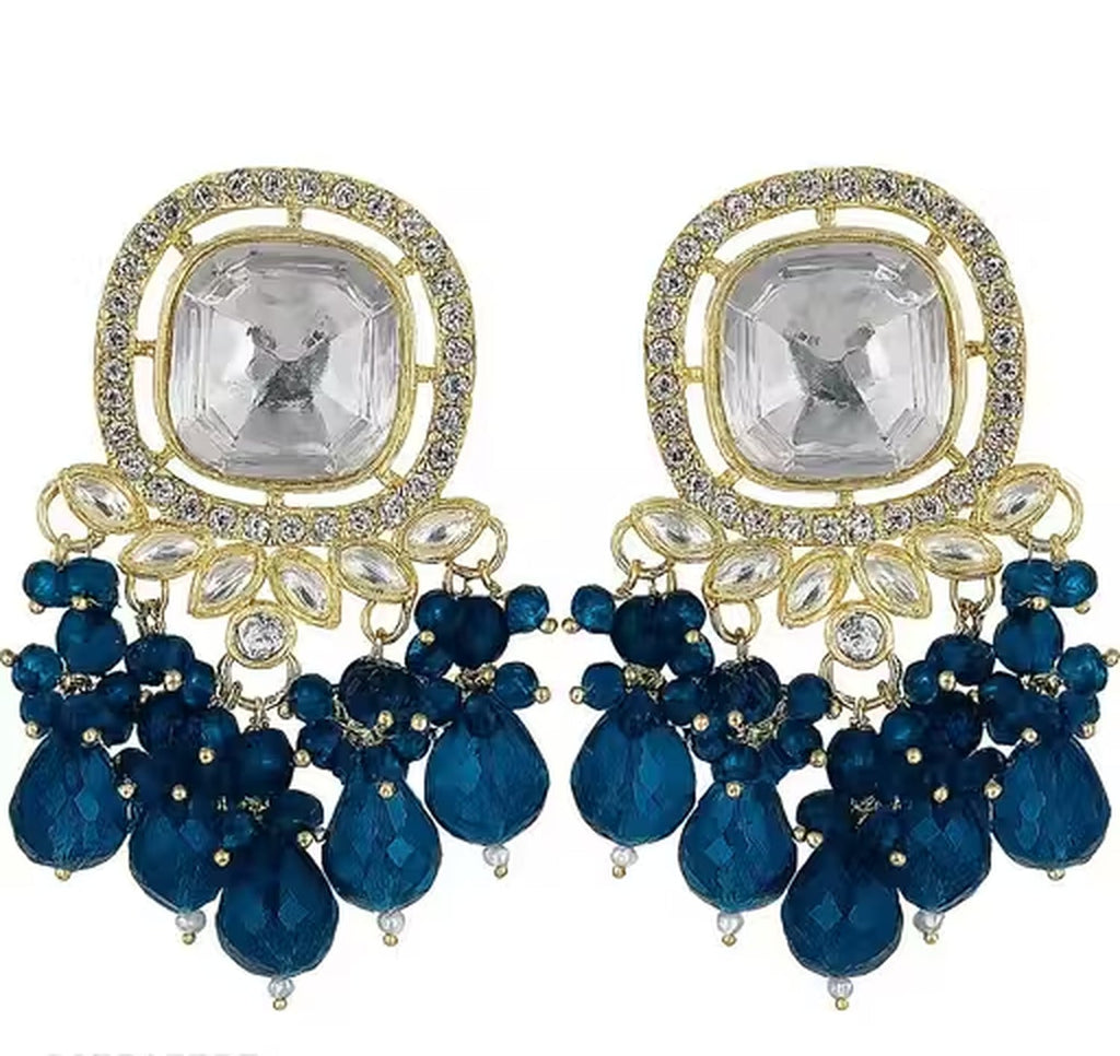 Jewel City Traditional Gold-Plated Kundan Earrings with Blue Beads – Handcrafted Ethnic Dangler Jewelry – Wedding & Party Wear | Grocsy