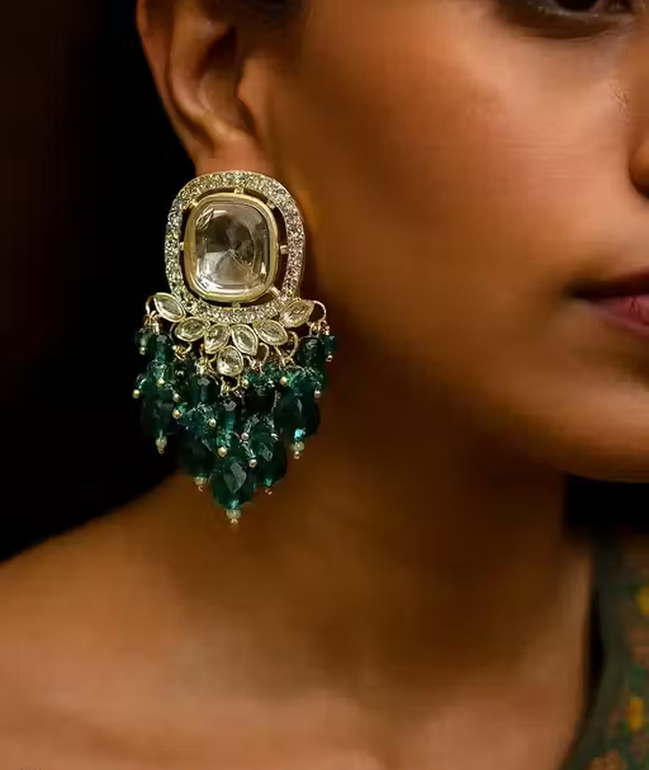 Jewel City Traditional Gold-Plated Kundan Earrings with Blue Beads – Handcrafted Ethnic Dangler Jewelry – Wedding & Party Wear | Grocsy