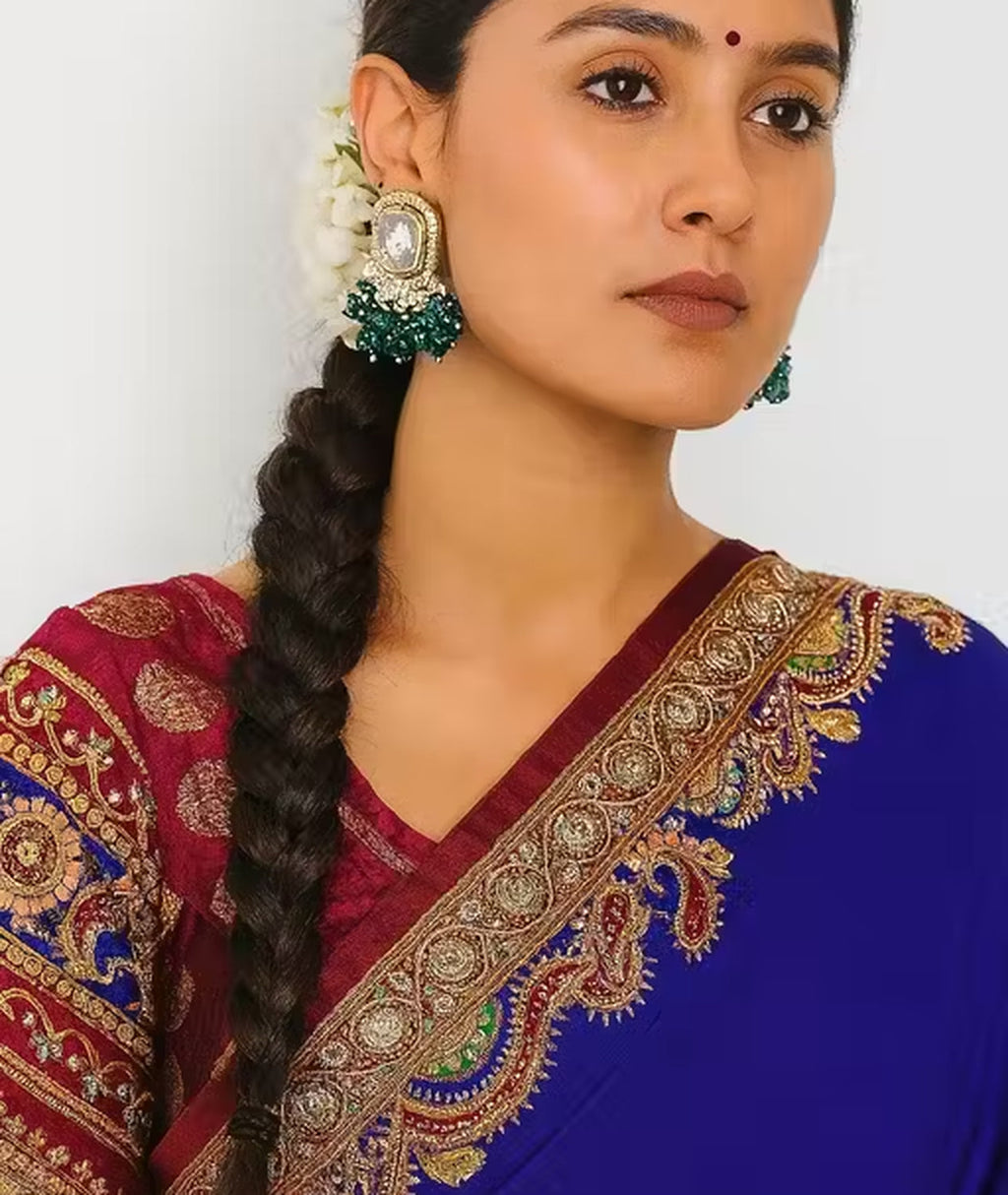 Jewel City Traditional Gold-Plated Kundan Earrings with Blue Beads – Handcrafted Ethnic Dangler Jewelry – Wedding & Party Wear | Grocsy