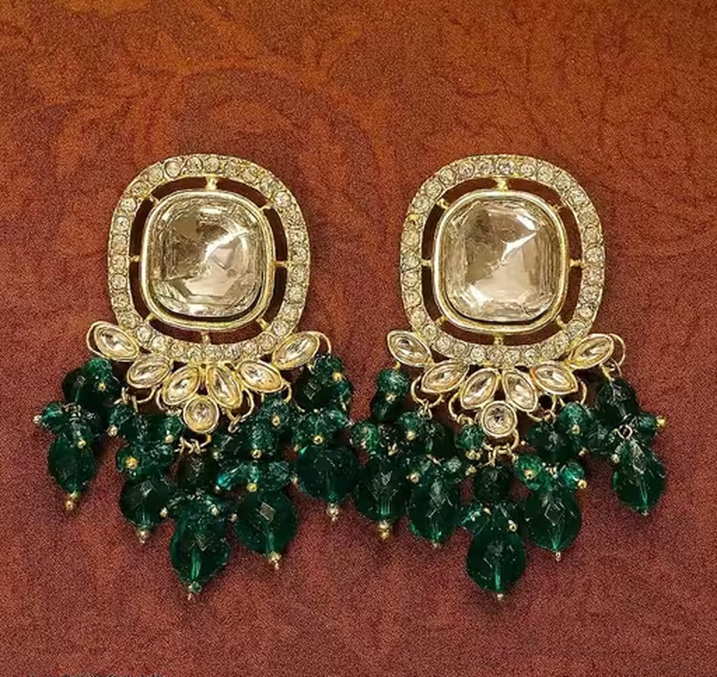 Jewel City Traditional Gold-Plated Kundan Earrings with Blue Beads – Handcrafted Ethnic Dangler Jewelry – Wedding & Party Wear | Grocsy