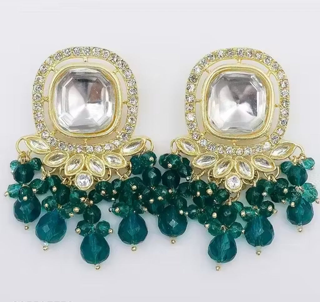 Jewel City Traditional Gold-Plated Kundan Earrings with Blue Beads – Handcrafted Ethnic Dangler Jewelry – Wedding & Party Wear | Grocsy