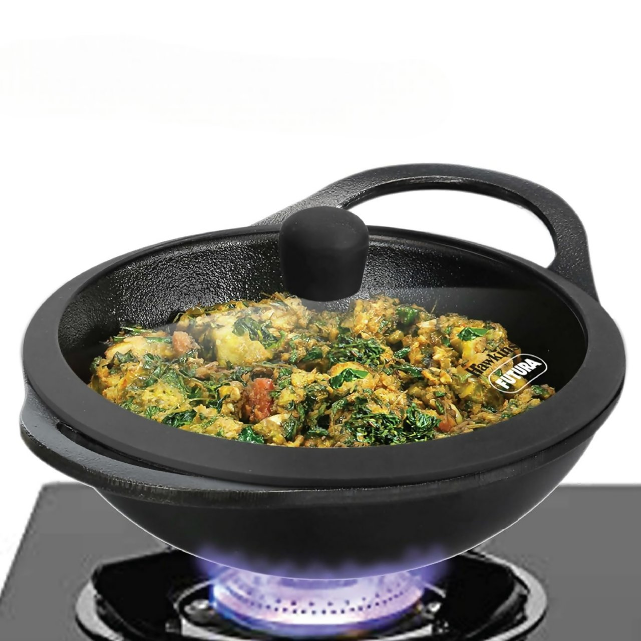 Hawkins Futura Cast Iron Nonstick Kadai with Glass Lid - Black (CIK15G) | Grocsy