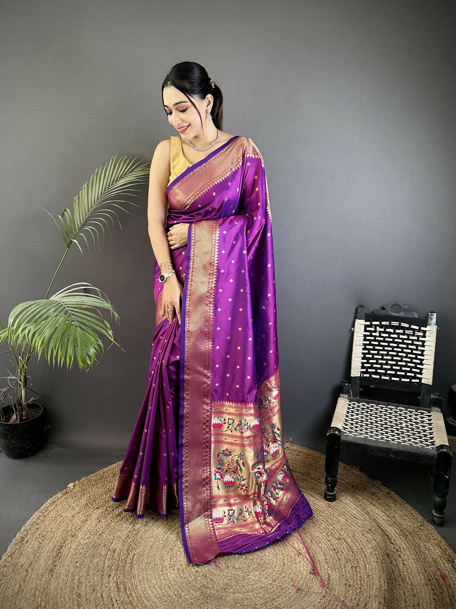 Joban Fashion Purple Butti Woven Soft Lichi Silk Paithani Saree | Grocsy