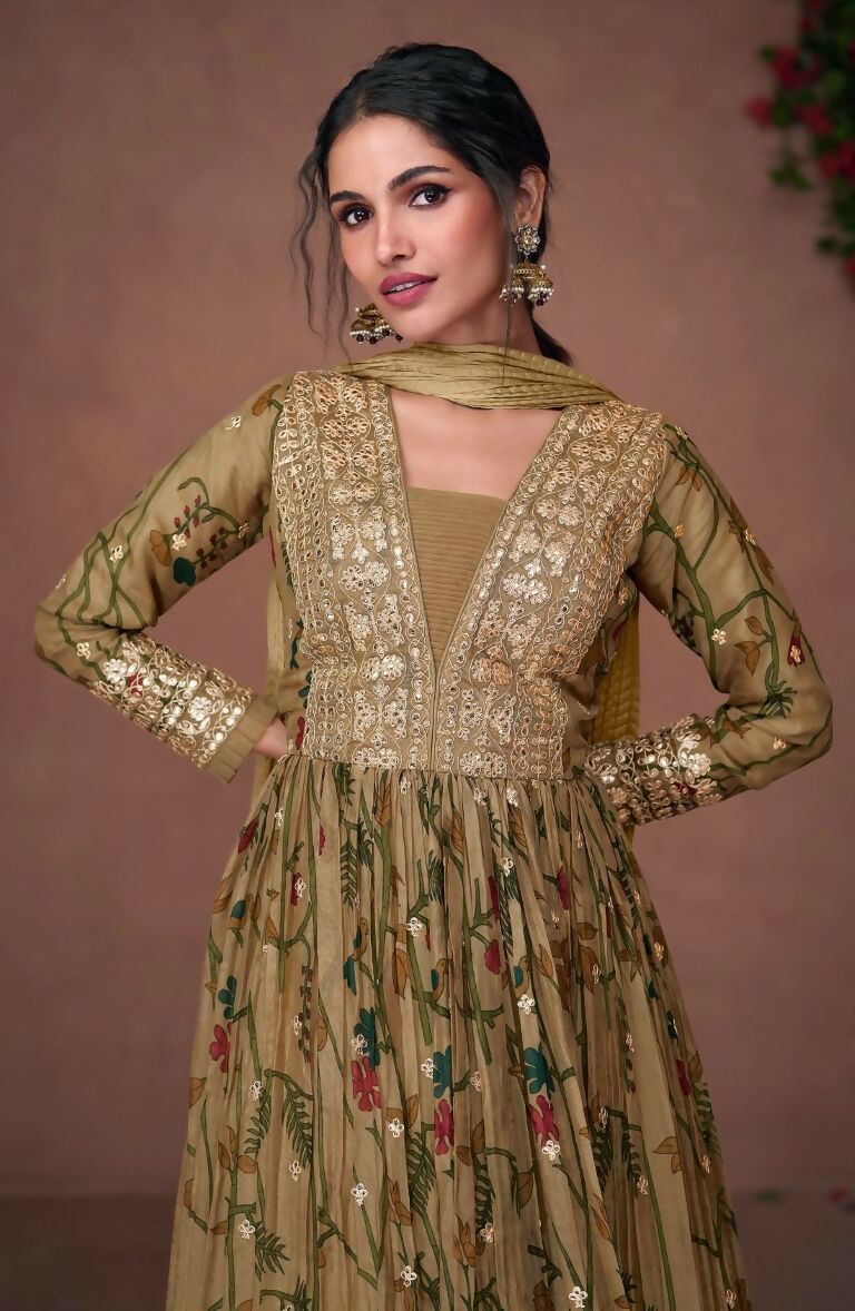 Vastranavya Green Organza Silk Floral Printed & Foil Mirror Work Anarkali Suit Set | Grocsy