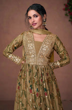 Vastranavya Green Organza Silk Floral Printed & Foil Mirror Work Anarkali Suit Set | Grocsy