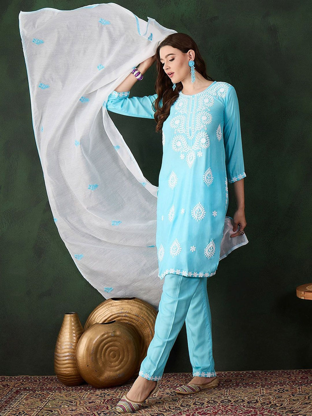 Sangria Blue and White Ethnic Motifs Embroidered Thread Work Pure Cotton Kurta Set | Grocsy