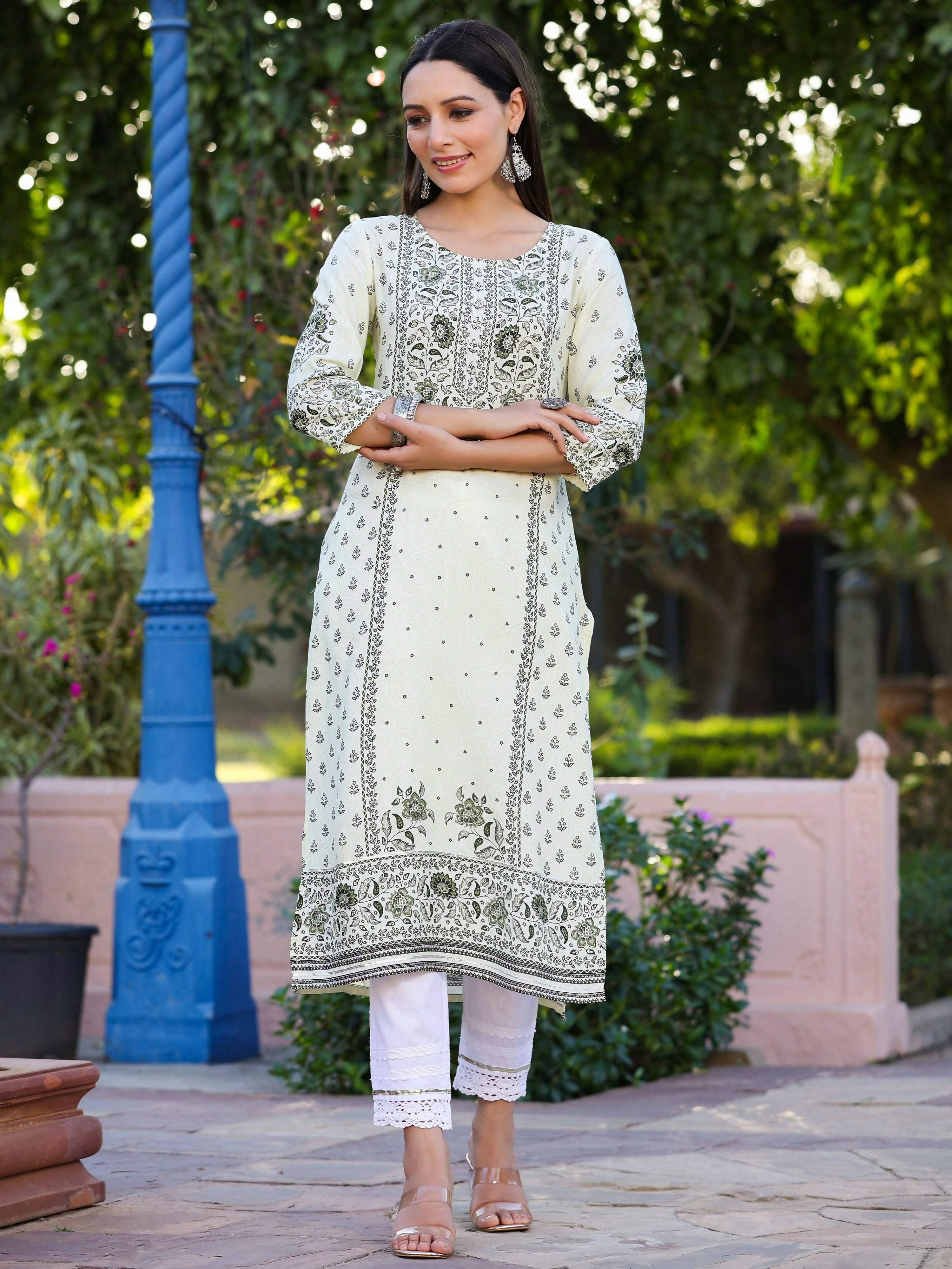 Juniper Women's Green Rayon Staple Kalamkari Floral Placement Printed Kurta | Grocsy