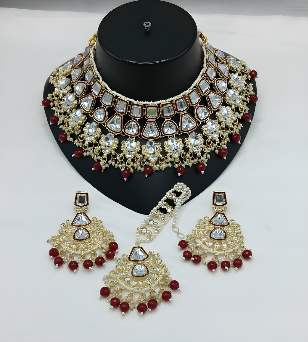 Jewel City Kundan Choker Set with Pearl Tassels - Premium Glass Cut Stone Wedding Collection | Grocsy