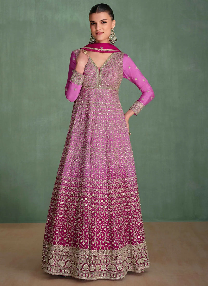 Vastranavya Pink Georgette Seroski Diamond Embroidered Sequins A Line Stunning Anarkali Suit | Grocsy