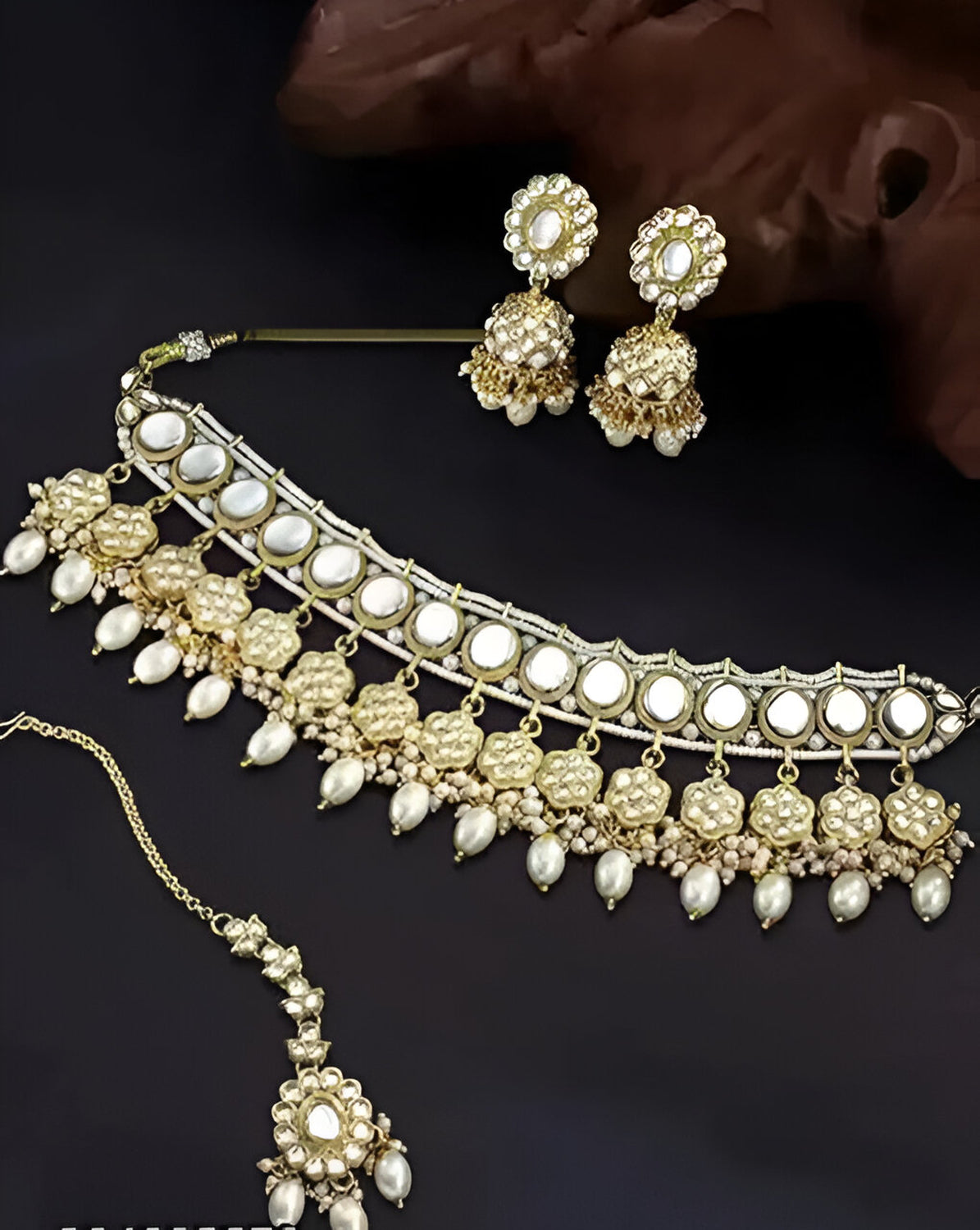 Jewel City Elegant Pearl Choker Necklace Set with Maang Tikka and Jhumka Earrings - Traditional Indian Bridal Jewelry Collection | Grocsy