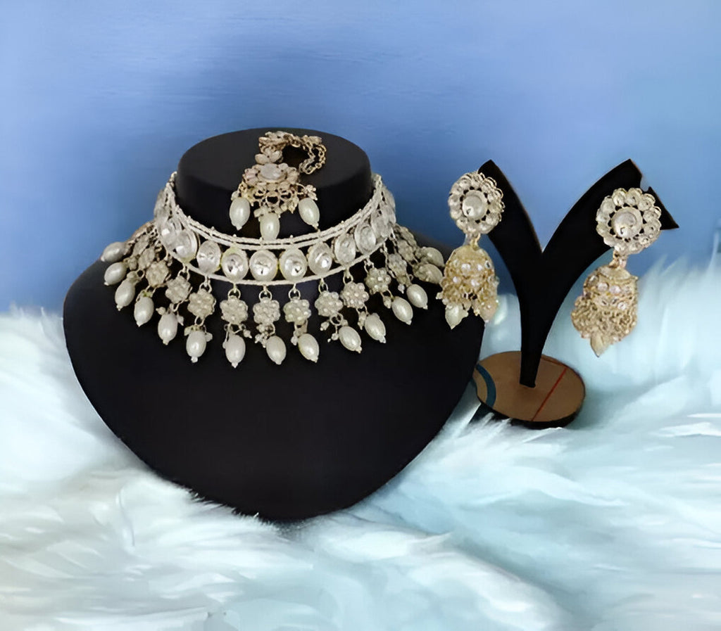 Jewel City Elegant Pearl Choker Necklace Set with Maang Tikka and Jhumka Earrings - Traditional Indian Bridal Jewelry Collection | Grocsy