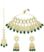 Jewel City Elegant Pearl Choker Necklace Set with Maang Tikka and Jhumka Earrings - Traditional Indian Bridal Jewelry Collection | Grocsy