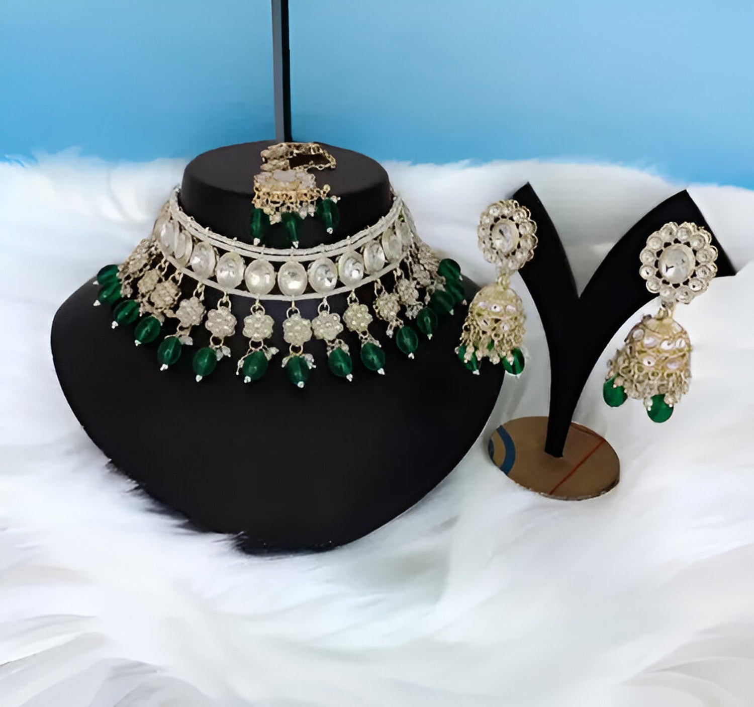 Jewel City Elegant Pearl Choker Necklace Set with Maang Tikka and Jhumka Earrings - Traditional Indian Bridal Jewelry Collection | Grocsy