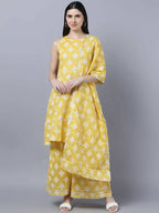 Myshka Women Yellow Floral Pure Cotton Kurti with Palazzos With Dupatta | Grocsy