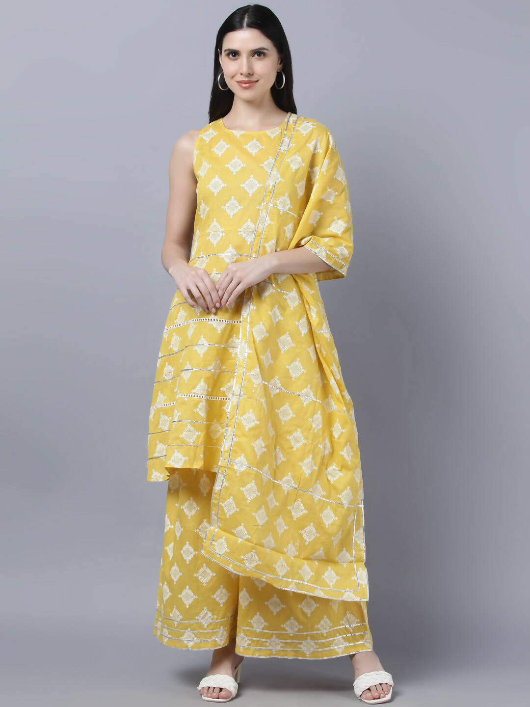 Myshka Women Yellow Floral Pure Cotton Kurti with Palazzos With Dupatta | Grocsy