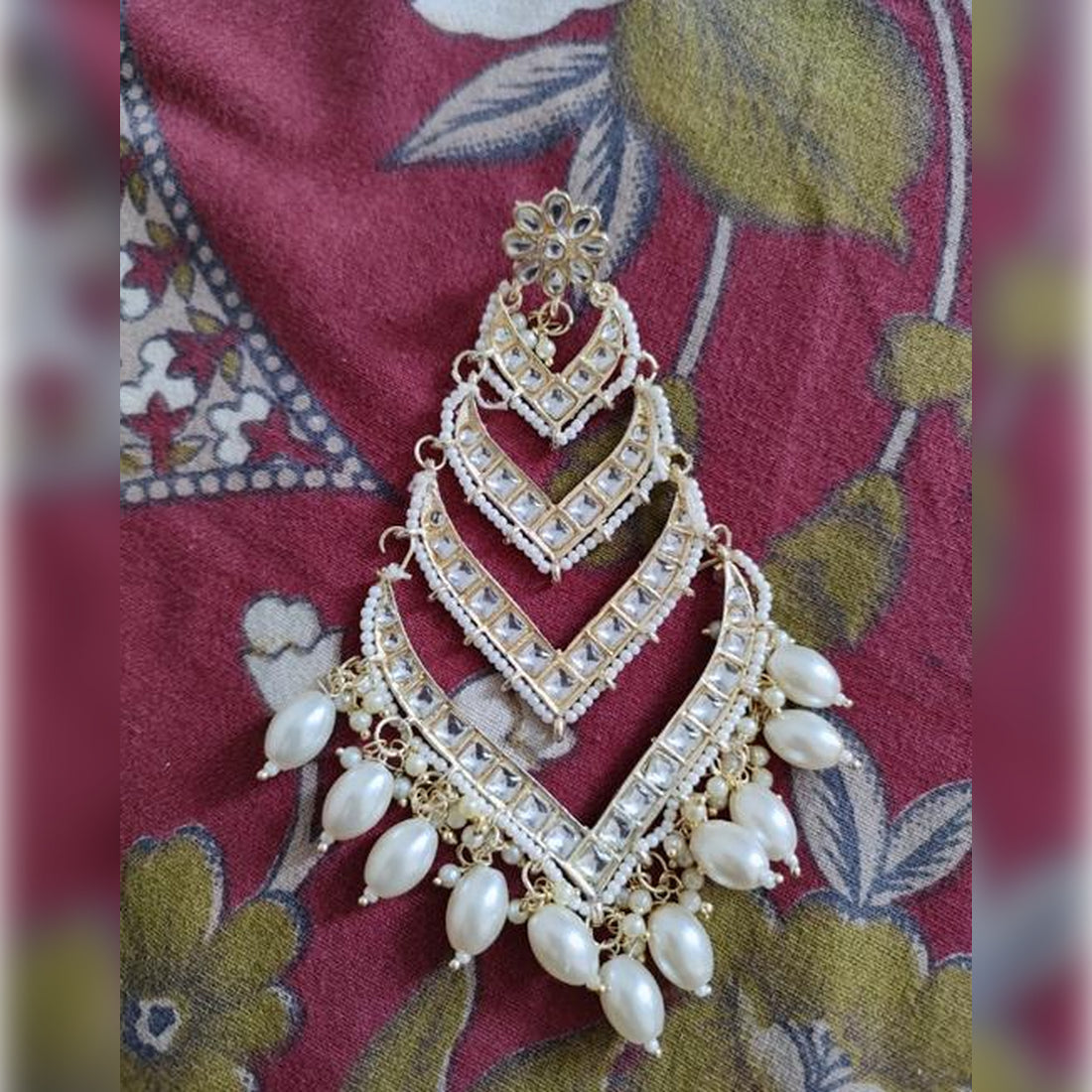 Jewel City Elegant Layered Kundan Pearl Earrings - Handcrafted Multi-Tier Chandbali Jhumkas - Bridal Wedding Statement Jewelry | Grocsy