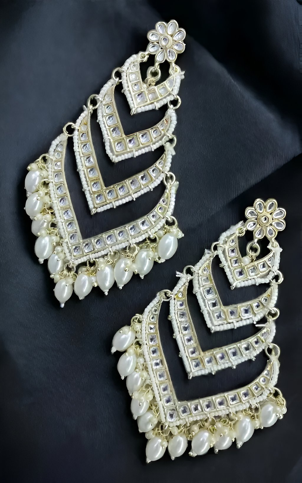 Jewel City Elegant Layered Kundan Pearl Earrings - Handcrafted Multi-Tier Chandbali Jhumkas - Bridal Wedding Statement Jewelry | Grocsy
