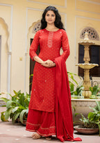 Kaajh Women's Red Gold Printed Cotton Kurta Sharara With Dupatta Set | Grocsy