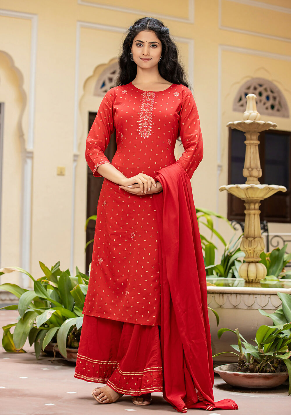 Kaajh Women's Red Gold Printed Cotton Kurta Sharara With Dupatta Set | Grocsy