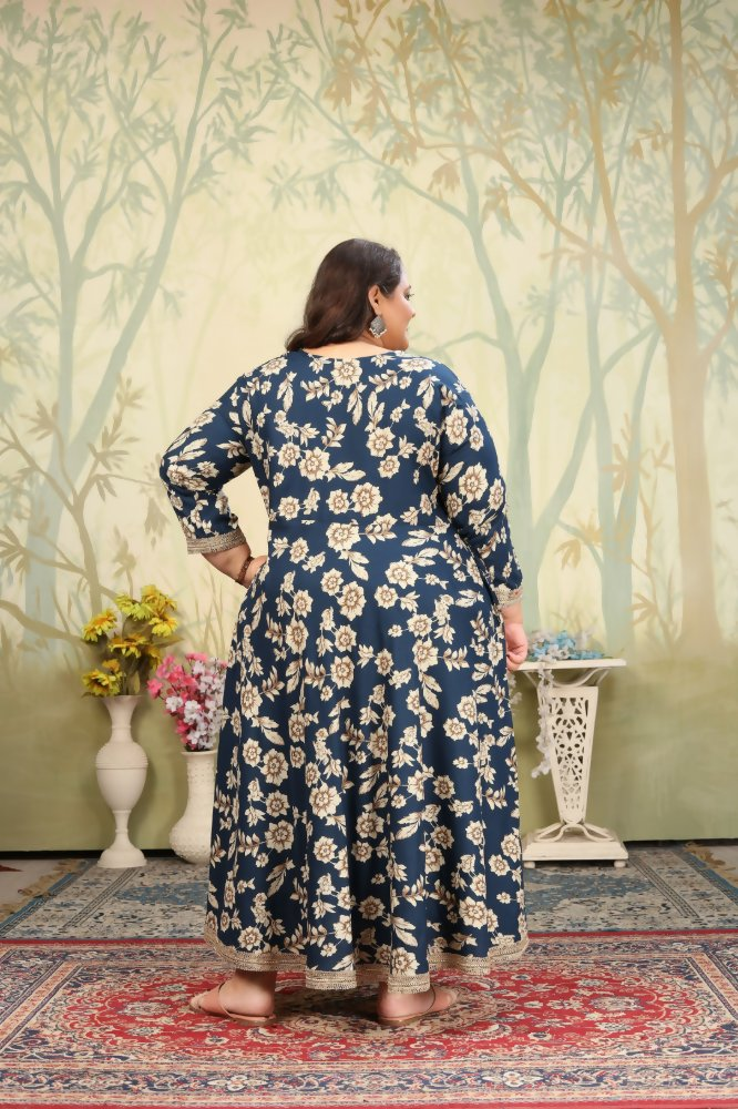 Jyoti Fashion Women's Navy Blue Rayon Floral Print with Sequins Designer Anarkali Set | Grocsy
