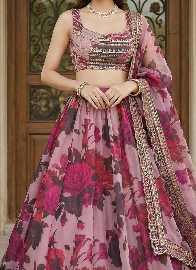 Lehenga Mart Pink Multi Printed Color Organza Designer Bollywood Style Wedding Wear Lehenga Choli | Grocsy
