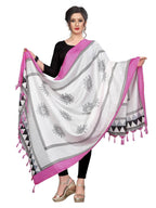 Vamika Pink-White Flower Printed Khadi Bhagalpuri Dupatta | Grocsy