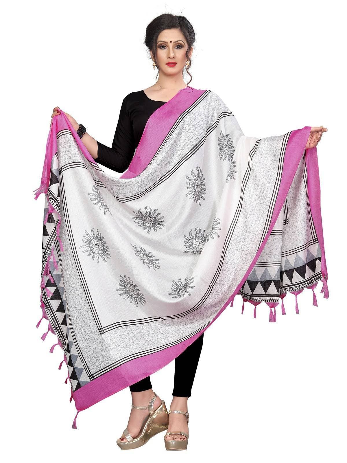 Vamika Pink-White Flower Printed Khadi Bhagalpuri Dupatta | Grocsy
